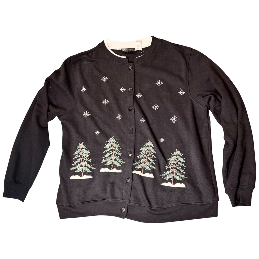 CM Sport Black Embroidered Christmas Button-Up Cardigan Sweater Womens Size‎ L